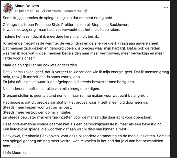 Klantervaring met de Presence Style Profiler van Stephanie Backhoven